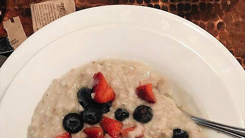 Oatmeal · Made with Straus Whole Milk and topped with marinated dried fruit and brown sugar