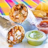 Los Arcos Shrimp Burrito · Includes shrimp sautéed with pico de gallo, salsa, whole pinto beans, rice, sour cream, guac...