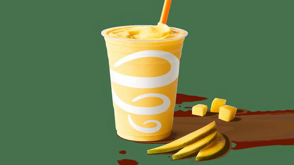 Mango-A-Go-Go® · pear white grape mango orange passion juice blend, mangos, pineapple sherbet. 400 cal . Whirl'd Famous!. (Contains: Milk)