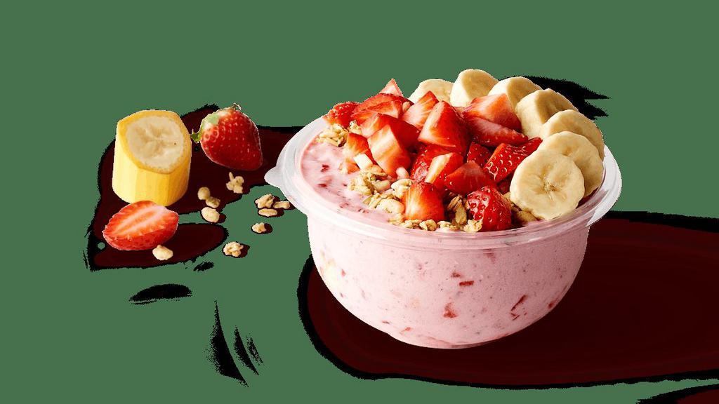 Chunky Strawberry™ · We are currently experiencing a temporary packaging shortage. This does not change your favorite bowl recipe, but means we’ll build bowl orders in a funky fresh Jamba cup instead of a bowl for now.  Thank you for your patience.. Strawberries, Soymilk, Bananas, Nonfat Greek Yogurt, Organic Granola, Peanut Butter  . Toppings: Bananas, Organic Granola, Strawberries . cals: 580. (Contains: Milk, Peanut, Soy)