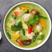 Green Curry · (Spicy) Sliced meat cooked in green curry paste, coconut milk, bell pepper, zucchini, carrot...