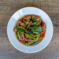 Lemongrass Pork · Gluten free available. Slices of Pork with chili, garlic, soy sauce, snap peas, red bell pep...