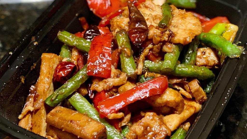 Fiery Vegetables with Chicken · Gluten free available. Chicken breast, string beans, bell peppers, broccoli, cauliflower and basil in a sweet and spicy sauce.