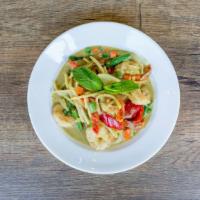 Green Curry Shrimps · Shrimps, red bell pepper, onion, bamboo shoots, string beans,  chickpea, eggplant, cooked wi...