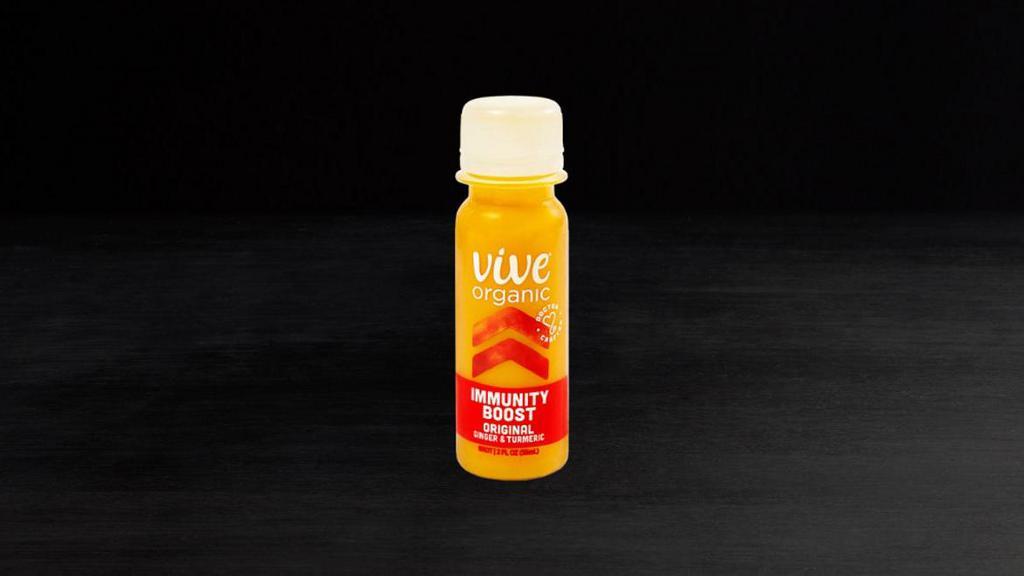 Vive Organic Immunity Boost Wellness Shot 2Oz · Key ingredients: Ginger, Turmeric, Echinacea, Black Pepper and Pineapple. . WHAT'S IT DO?. This power-packed blend of roots, fruits, and flowers is the ultimate immune system strengthener. Whether your immunity is weakened by fatigue from travel, work-induced stress, or changes in the weather, these ingredients work together to fight for you.. Doctor Certified. Cold Pressed. Gluten Free. USDA Organic. Vegan. Non-GMO. 100% Recycled bottles.