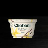Chobani Nonfat Vanilla Greek Yogurt · Tart and creamy nonfat Greek yogurt, blended with vanilla extract.