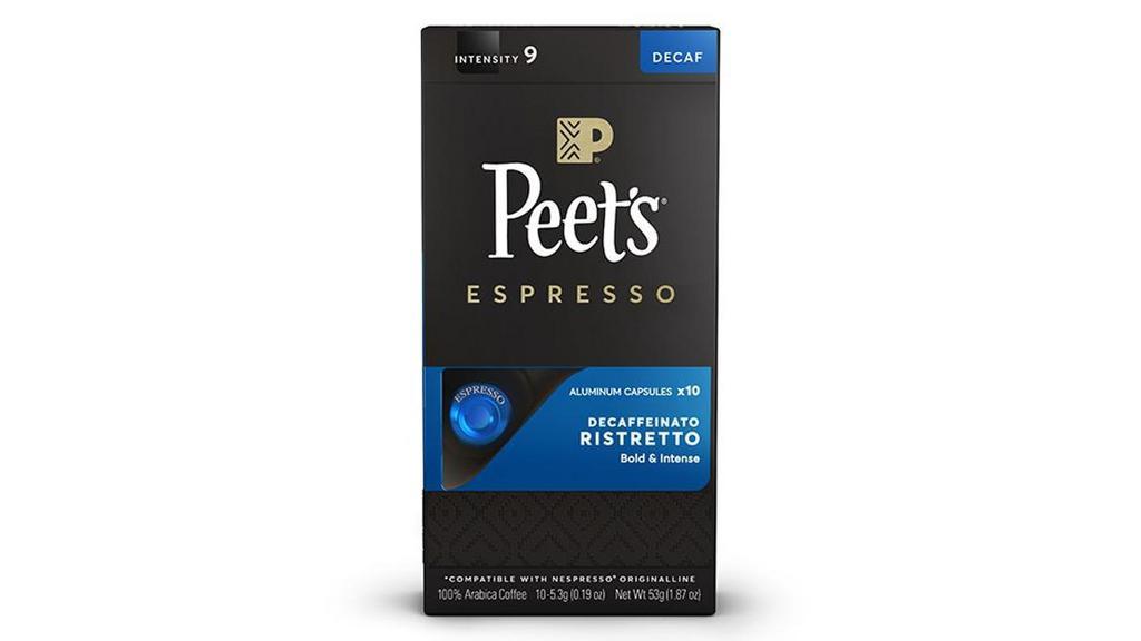 Decaf Ristretto Espresso Capsules (10 Ct) · The boldness of Peet’s signature dark espresso, without any of the caffeine. Intensity: 9. Packaged in a convenient capsule that fits your Nespresso® Original machine.