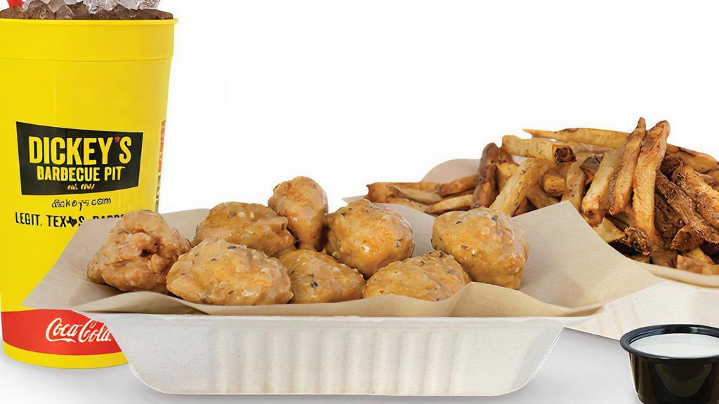 8 Piece Wing Combo · Pit-Smoked Bone-In or Traditional Boneless Wings with choice of 1 sauce, 1 regular side, 1 dip and a Big Yellow Cup