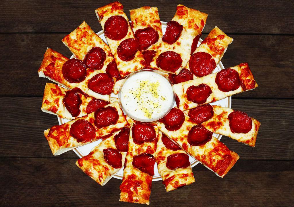 Pepperoni Bites (12 Pcs) · Pan cooked pizza bread, mozzarella cheese, topped with pepperoni slices. Served with marinara dipping sauce.