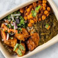 You Butter Be Kidding Me · Butter Chicken, chana masala (chickpeas), and desi homestyle mix dal with Basmati rice, toma...
