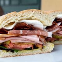 The Mafioso Sandwich · What's good. Turkey, prosciutto, mortadella and bacon with mozzarella cheese.