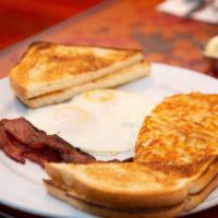 2 Eggs Any Style · Hash brown and toast.