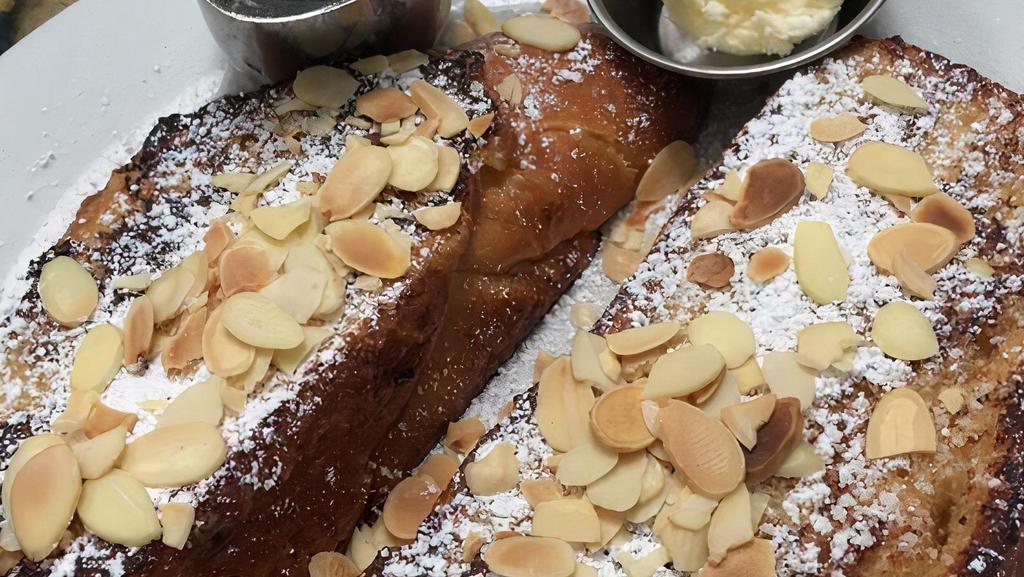 Challah French Toast · Vegetarian. With powdered sugar and toasted almonds.