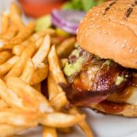 Western BBQ Burger · Bbq sauce, Pepper Jack cheese, grilled onion, mashed avocado, and applewood smoked bacon.