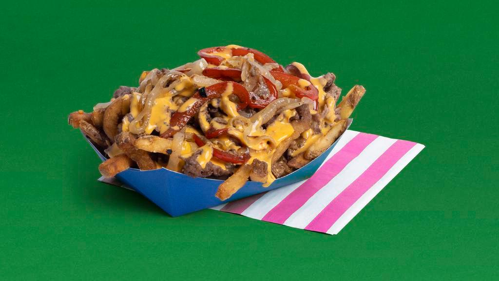Philly Loaded Fries · Fries topped with melty cheese, steak, yellow onions, and bell peppers.  This’ll really ring your liberty bell! That’s in Philadelphia, right?