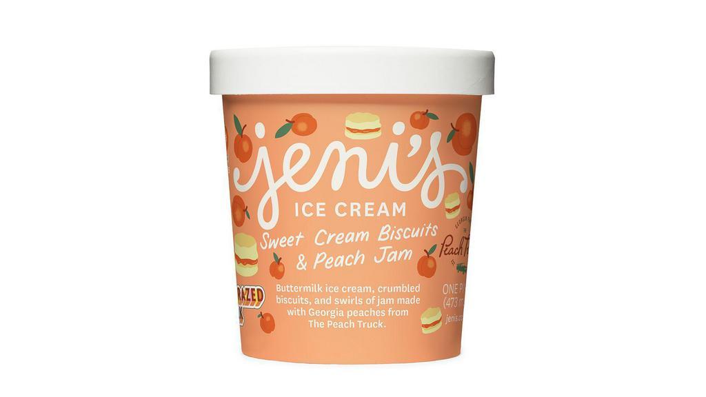 Sweet Cream Biscuits and Peach Jam by Jeni's Splendid Ice Creams · By Jeni's Splendid Ice Creams. Buttermilk ice cream, crumbled biscuits, and swirls of jam made with Georgia peaches from The Peach Truck. Contains gluten and dairy. We cannot make substitutions.