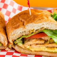 The Cooked Cardinal Sandwich · Chicken club with bacon, avocado, Provolone cheese, lettuce, and tomato. Served with french ...