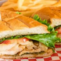 The Flightless Falcon Sandwich · Most popular. Grilled chicken breast, Swiss cheese, sautéed onions, tomato, lettuce, and pes...