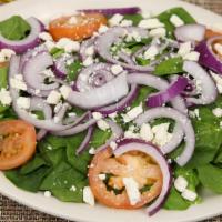 Fresh Spinach Salad · Fresh spinach, tomatoes, feta cheese, and onions. It comes with Ranch dressing.