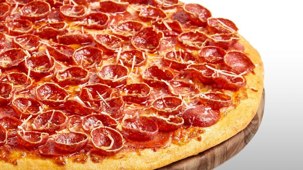 Cup & Crisp Pepperoni Gluten Free Pizza · Signature red tomato sauce on our original crust, topped with mozzarella cheese, pepperoni, cup and crisp pepperoni, and Italian 3 cheese blend of Parmesan, Asiago, and Romano.