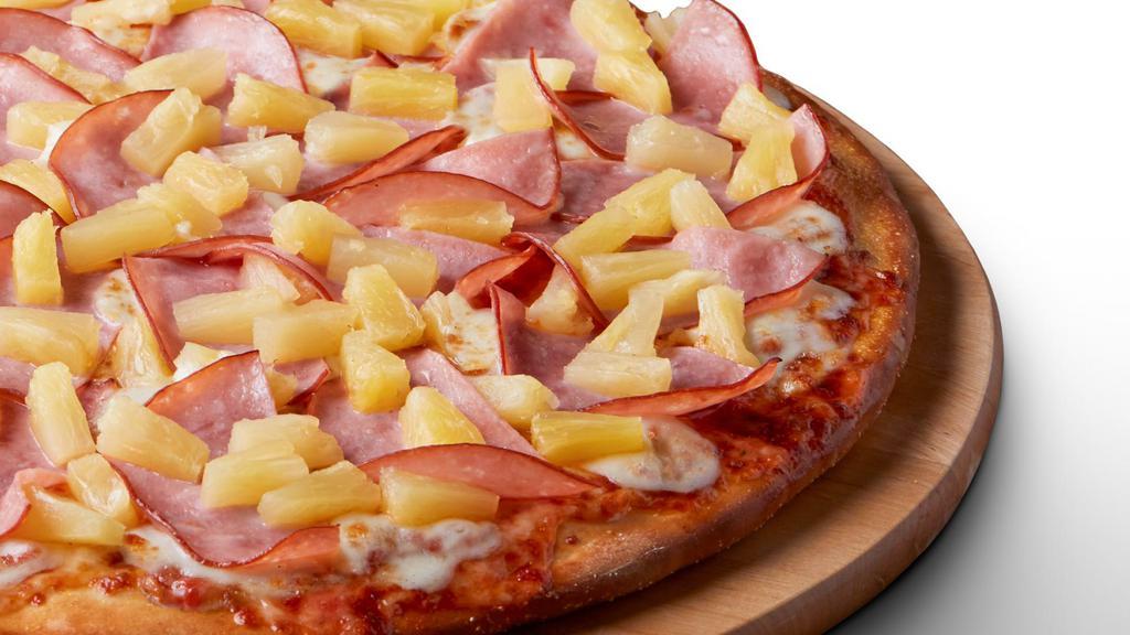 Hawaiian Delight Gluten Free Pizza · Signature red tomato sauce on our original crust, topped with extra mozzarella cheese, Canadian bacon, and juicy pineapple chunks.