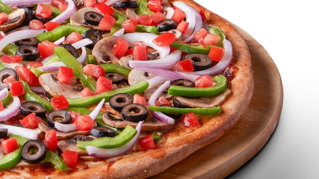 Classic Vegetarian Gluten Free Pizza · Signature red tomato sauce on our original crust, topped with mozzarella cheese, mushrooms, red onions, green peppers, black olives, fresh Roma tomatoes, salt, and pepper.