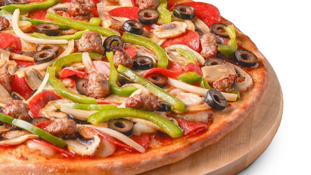 Pizza Guys Combo - Medium · Signature red tomato sauce on our original crust, topped with mozzarella cheese, salami, pepperoni, mushrooms, green peppers, yellow onions, black olives, beef, and Italian sausage.