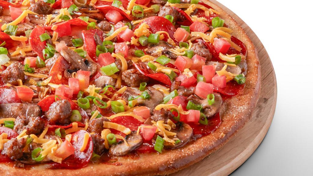 Garlic Lovers Pizza - Medium · Signature garlic white sauce on our original crust, topped with mozzarella, Parmesan, and cheddar cheeses, pepperoni, Italian sausage, mushrooms, chopped garlic, green onions, and fresh roma tomatoes.