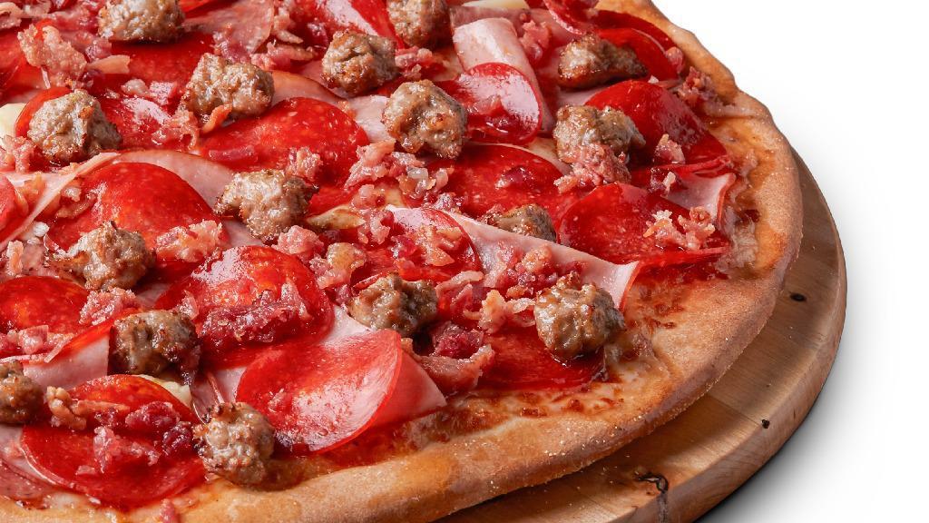 All Meat Pizzas (Small) · Signature red tomato sauce on our original crust, topped with mozzarella cheese, pepperoni, salami, Canadian bacon, smoked bacon, and Italian sausage.