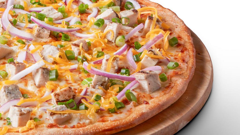 California Garlic Chicken Gluten Free Pizza · Signature garlic white sauce base on our original crust, topped with mozzarella and cheddar cheeses, all-natural grilled chicken, red onions, and green onions.