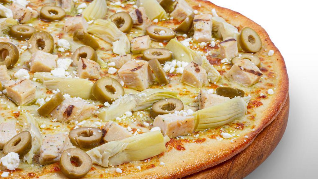 Creamy Pesto Chicken Pizzas (Small) · Creamy pesto garlic sauce on our tuscany thin crust, topped with mozzarella cheese, all-natural grilled chicken, green olives, marinated artichoke hearts, and feta cheese.