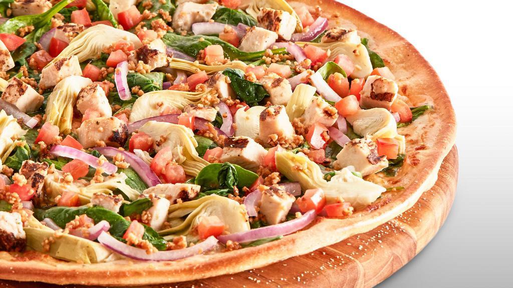 Spinach Garlic Chicken · Signature Garlic White Sauce on our Tuscany Crust, topped with Mozzarella Cheese, Baby Spinach, All-Natural Grilled Chicken, Marinated Artichoke Hearts, Red Onions, cooked Diced Tomatoes, and chopped Fresh Garlic