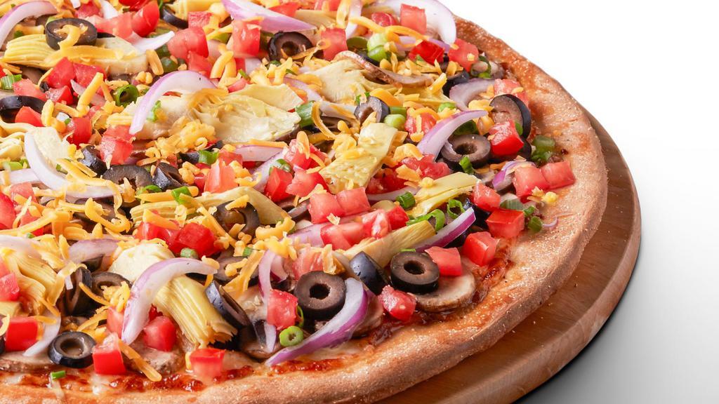 Artichoke Fiesta Pizzas (Small) · Signature garlic white sauce on our original crust, topped with mozzarella, Parmesan, and cheddar cheeses, marinated artichoke hearts, fresh roma tomatoes, mushrooms, red onions, green onions, and black olives.