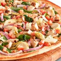 Spinach Garlic Chicken Gluten-Free Pizza (Medium) · New. Signature garlic white sauce on our tuscany crust, topped with mozzarella cheese, baby ...