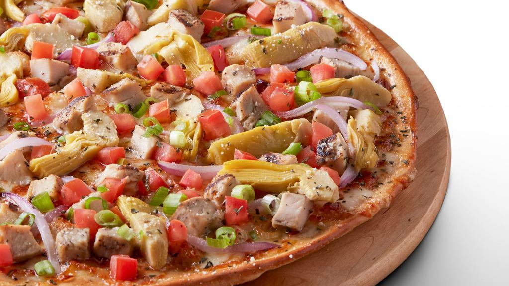 Tuscan Garlic Chicken Pizza - Large · Signature garlic white sauce on our tuscany thin crust, topped with mozzarella and Parmesan cheeses, all-natural grilled chicken, red onions, green onions, fresh roma tomatoes, marinated artichoke hearts, and dried basil.