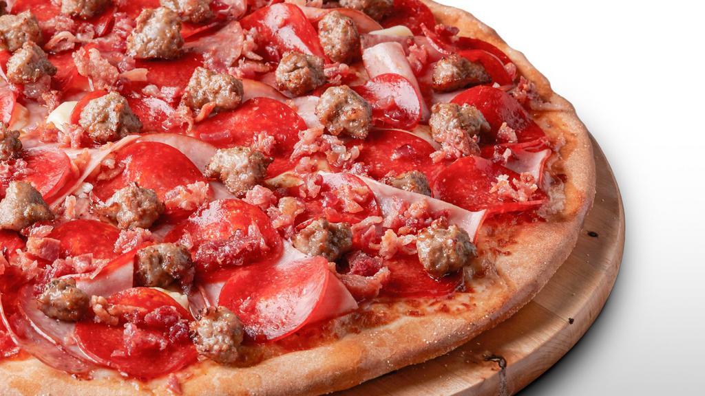 All Meat  Pizza - Extra Large · Signature red tomato sauce on our original crust, topped with mozzarella cheese, pepperoni, salami, Canadian bacon, smoked bacon, and Italian sausage.
