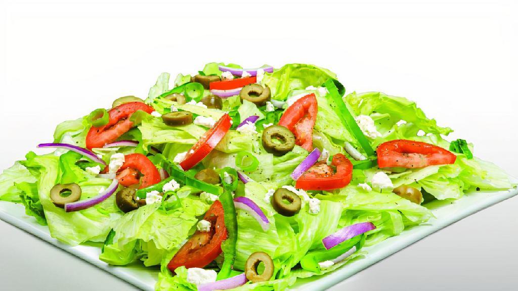 Mediterranean Salad · Iceberg Lettuce, Bell Peppers, Red Onions, Fresh Roma Tomatoes, Greeen Olives, Green Onions, Feta Cheese, Basil, Oregano, and Olive Oil Vinaigrette or your choice of dressing.