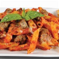 Penne Sausage Marinara · Penne rigati and Italian sausage, tossed in our homemade red tomato sauce and topped with mo...
