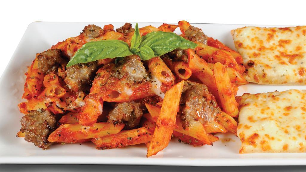 Penne Sausage Marinara · Penne rigati and Italian sausage, tossed in our homemade red tomato sauce and topped with mozzarella, herbs, spices, and fresh basil.