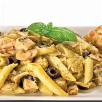 Creamy Pesto · Penne rigati, all-natural grilled chicken, mushrooms, black olives, and mozzarella cheese, a...