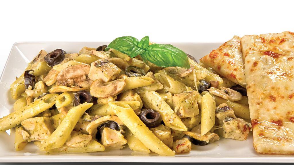 Creamy Pesto · Penne rigati, all-natural grilled chicken, mushrooms, black olives, and mozzarella cheese, all tossed in our creamy pesto sauce.
