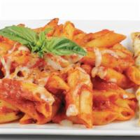 Penne Cheese Marinara · Penne rigati, tossed in our homemade red tomato sauce and topped with mozzarella, herbs, spi...