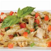 Penne Pollo Rustico · Penne rigati, all-natural grilled chicken, smoked bacon, green onions, and tomatoes, all tos...
