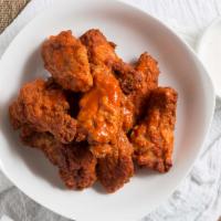 Buffalo Chicken Strips (4 Pieces) · Hot with fries.