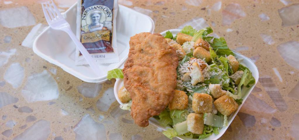 Caesar Salad with Chicken · Lettuce, croutons, chicken, and caesar dressing.