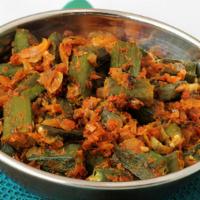 Bhindi Masala · Okra sautéed with bell peppers, onions, fresh tomatoes, and spices.