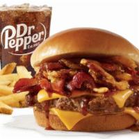Bourbon Bacon Cheeseburger Combo · A quarter-pound* of fresh, never-frozen beef topped with Applewood smoked bacon, American ch...