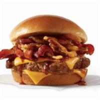 Bourbon Bacon Cheeseburger · A quarter-pound* of fresh, never-frozen beef topped with Applewood smoked bacon, American ch...