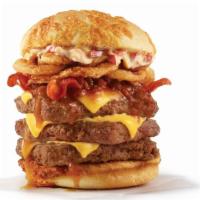 Big Bacon Cheddar Cheeseburger Triple · Three-quarters of a pound* of fresh, never-frozen beef, covered in creamy cheddar cheese and...