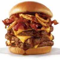 Bourbon Bacon Cheeseburger Triple · Three-quarters of a pound* of fresh, never-frozen beef topped with Applewood smoked bacon, A...